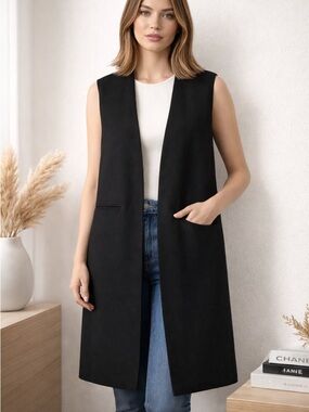 Philosophy Women Black Longline Sleeveless Blazer Vest Lined Welt Pockets S NWT